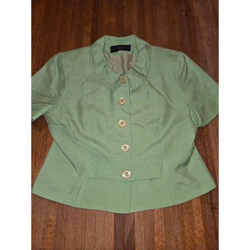 Kelly Graham New York Women 12 Sage Green Silk Blend Short Sleeve Blazer Vtg 90s